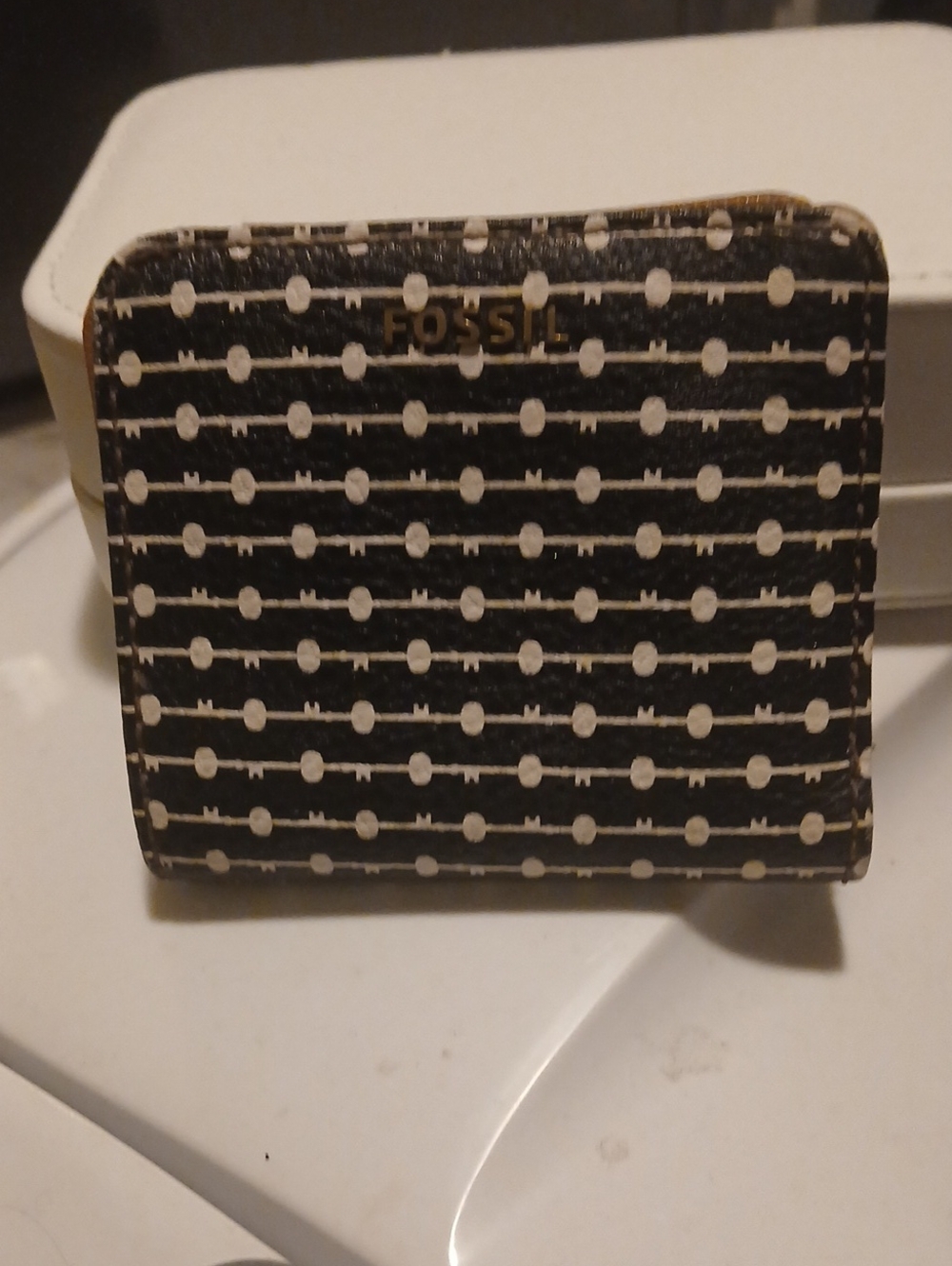 Fossil Black Wallet with White Dot-Stripe Pattern NWOT